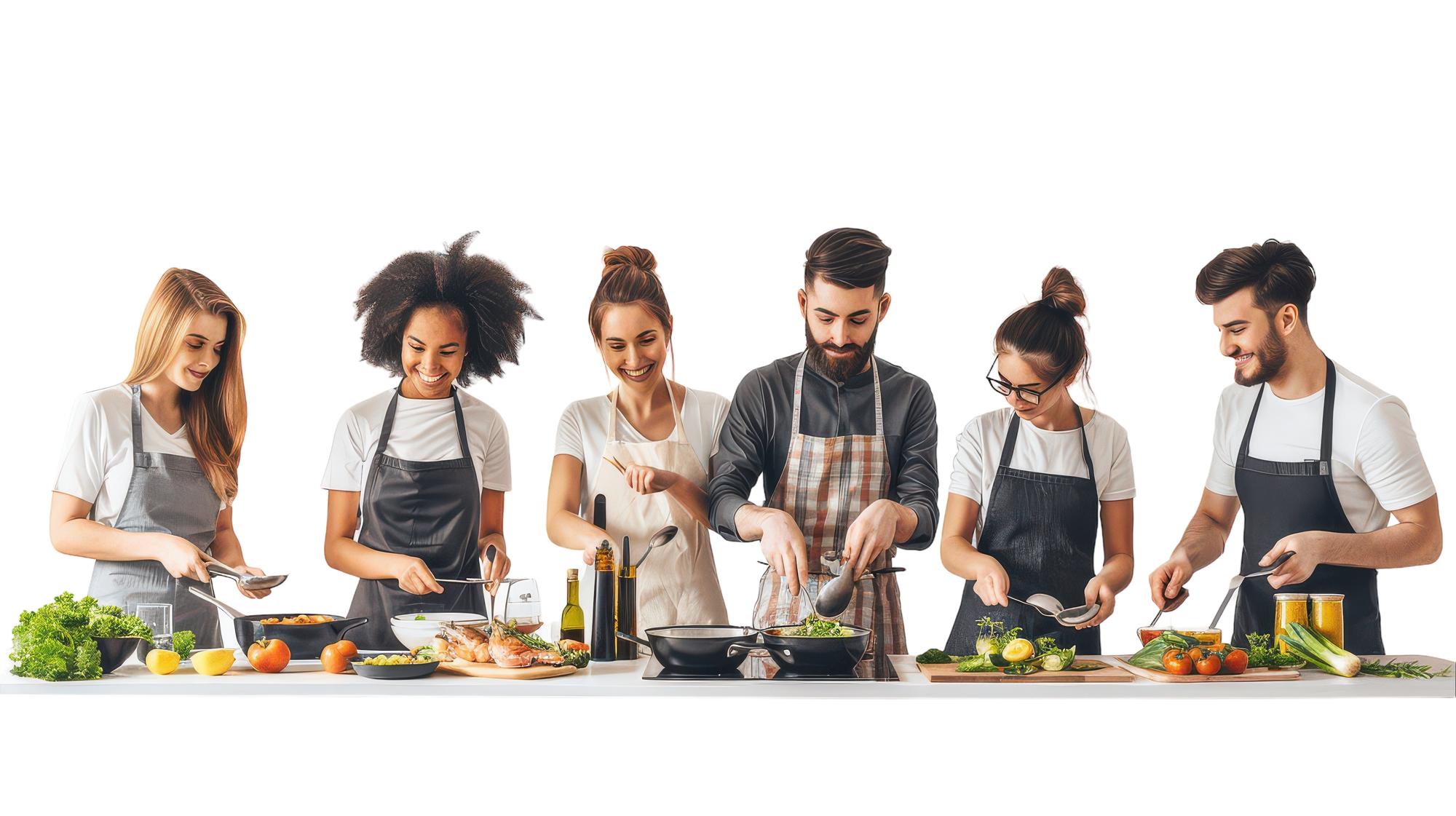 Participants around a workbench during a cooking workshop